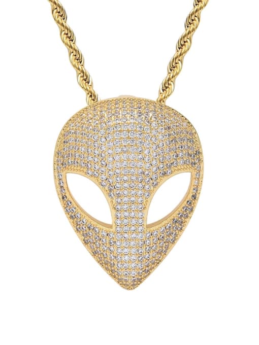 Golden+ stainless steel twist chain 3 Brass Cubic Zirconia Alien mask Hip Hop Necklace