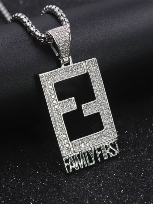 Silver with chain Copper Cubic Zirconia Rectangle Hip Hop Initials Pendant Necklace