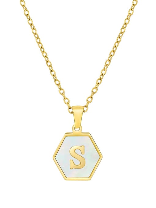 S Stainless steel  English Letter Minimalist Shell Hexagon Pendant Necklace