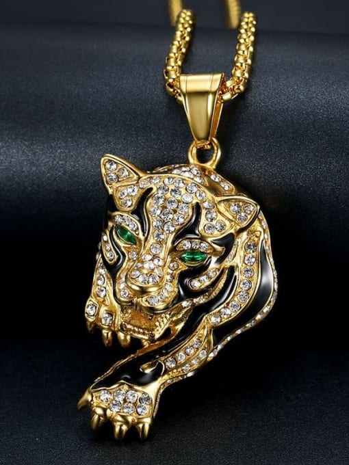 Gold Necklace Titanium Rhinestone Leopard Hip Hop Necklace For Men