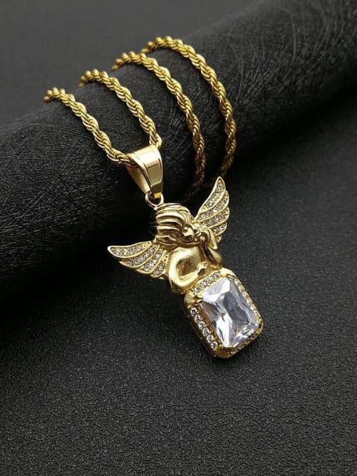 Gold Chain：3mm*61cm Titanium Steel Glass Stone Angel Vintage Necklace For Men