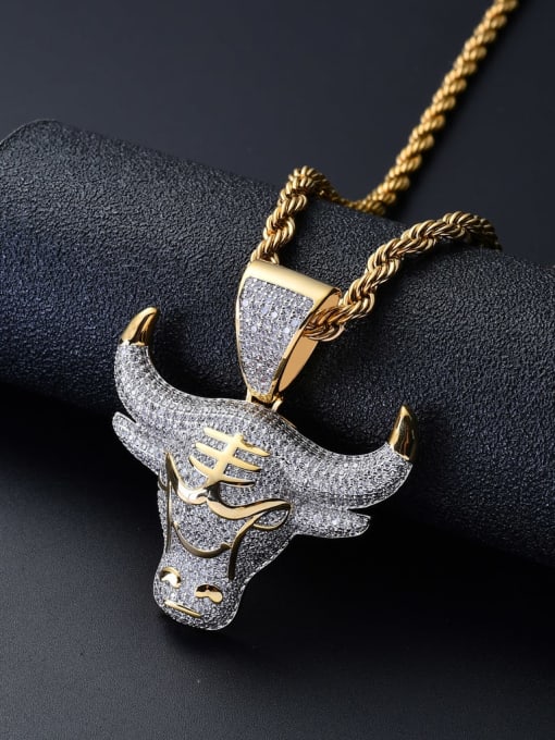 MAHA Brass Cubic Zirconia Bull head Hip Hop Necklace 2