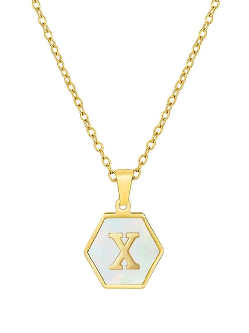 X Stainless steel  English Letter Minimalist Shell Hexagon Pendant Necklace