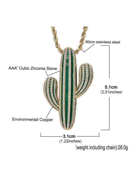 MAHA Brass Cubic Zirconia Green Enamel Cactus Hip Hop Necklace 2
