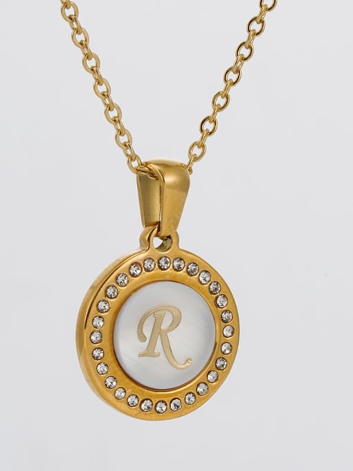 P Stainless steel Rhinestone  Minimalist Letter Round Pendant Necklace