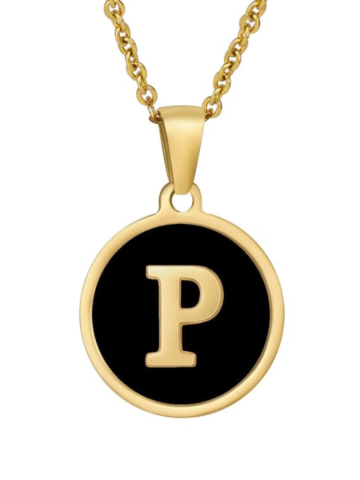 Golden p Titanium Steel Enamel Letter Minimalist  Round Pendant Necklace