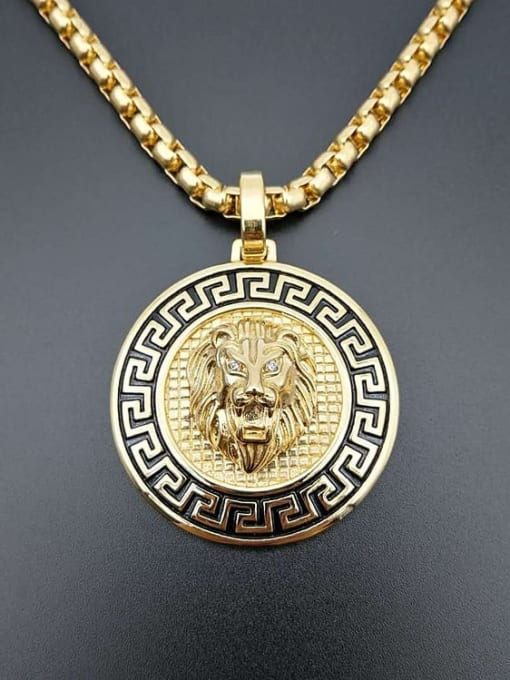 Gold Necklace Titanium Round Rhinestone Lion Hip Hop Necklace For Men