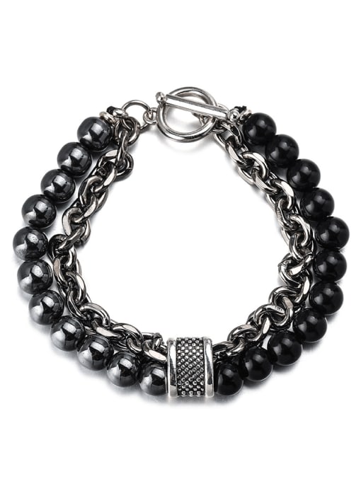 WOLF Titanium Steel Obsidian Geometric Hip Hop Beaded Bracelet 0