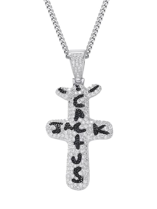 steel color+ CUBAN CHAIN Brass Cubic Zirconia Cross Hip Hop Necklace