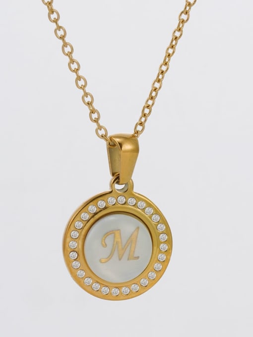 M Stainless steel Rhinestone  Minimalist Letter Round Pendant Necklace