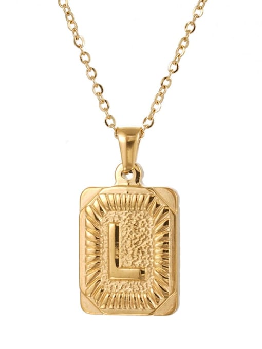 Golden L Stainless steel English Letter  Vintage Square Pendant Necklace