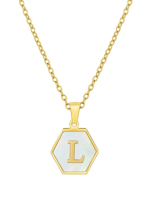 L Stainless steel  English Letter Minimalist Shell Hexagon Pendant Necklace