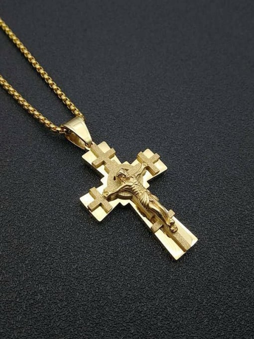 Gold +Chain:3mm*61cm Titanium Steel Cross Vintage Regligious Necklace For Men