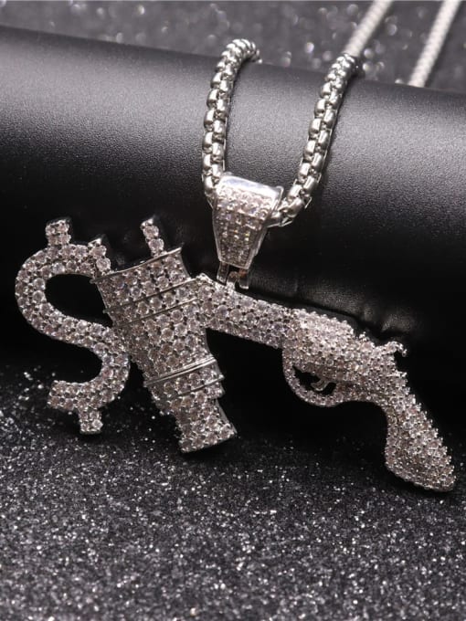 Silver with chain Copper Gun Cubic Zirconia Irregular Hip Hop Initials  Pendant Necklace