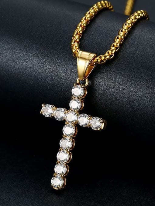 Gold Necklace Titanium Rhinestone Cross Classic Regligious Necklace For Men
