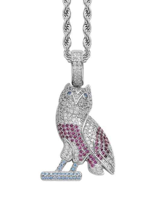steel color+ stainless steel twist chain Brass Cubic Zirconia Owl Hip Hop Necklace