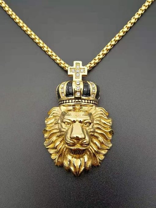 HI HOP Titanium Rhinestone Lion Crown Hip Hop Necklace For Men 3