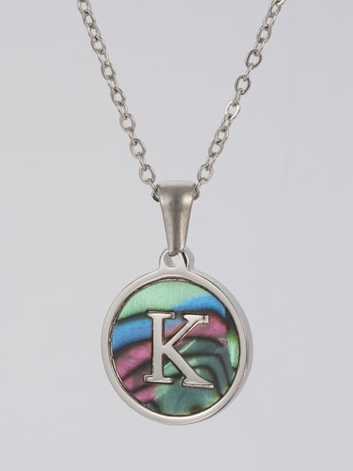 Steel color shell K Stainless steel Shell Letter Minimalist  Round Pendant Necklace