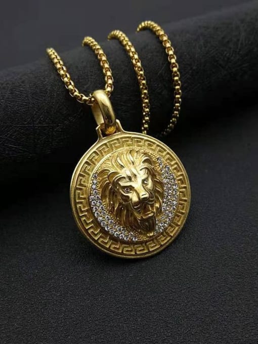 Gold Titanium Steel Rhinestone Lion Vintage Necklace For Men