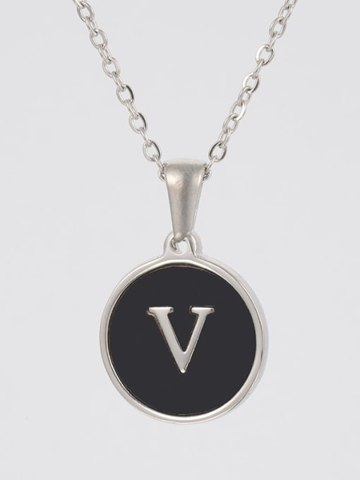 Steel Black V Stainless steel Acrylic Letter Minimalist Round Pendant Necklace