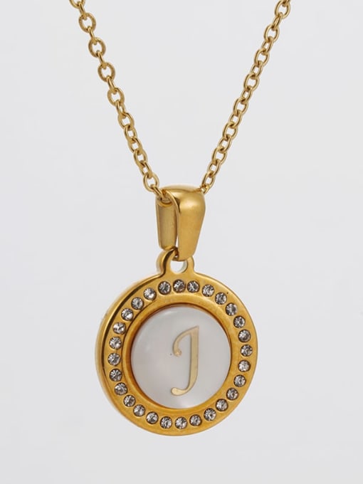 J Stainless steel Rhinestone  Minimalist Letter Round Pendant Necklace