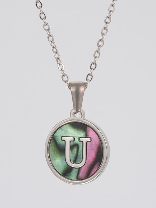 Steel color shell u Stainless steel Shell Letter Minimalist  Round Pendant Necklace