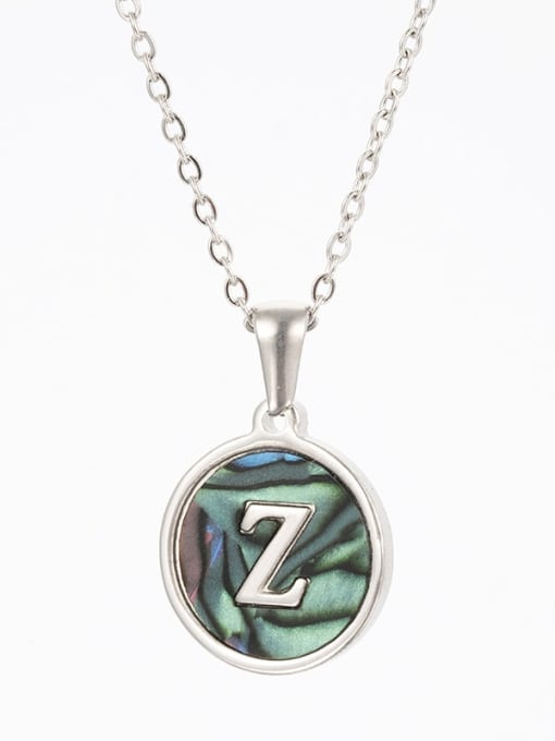 Steel color shell Z Stainless steel Shell Letter Minimalist  Round Pendant Necklace
