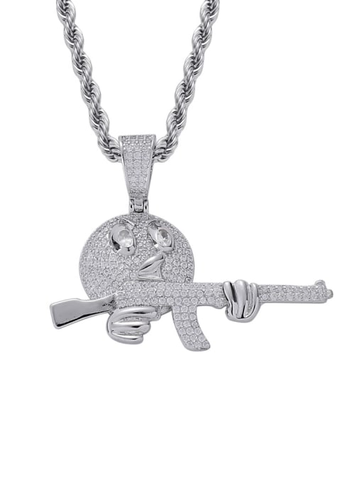 steel color+Twist chain Brass Cubic Zirconia Cartoon emoji holding gun Hip Hop Necklace