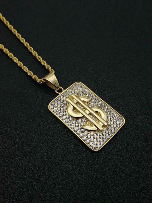 Gold Necklace Titanium Rhinestone Rectangle Hip Hop Initials Necklace For Men
