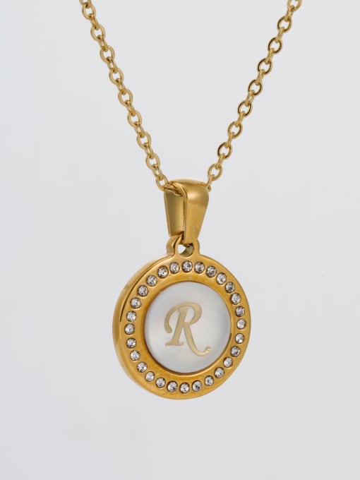 R Stainless steel Rhinestone  Minimalist Letter Round Pendant Necklace
