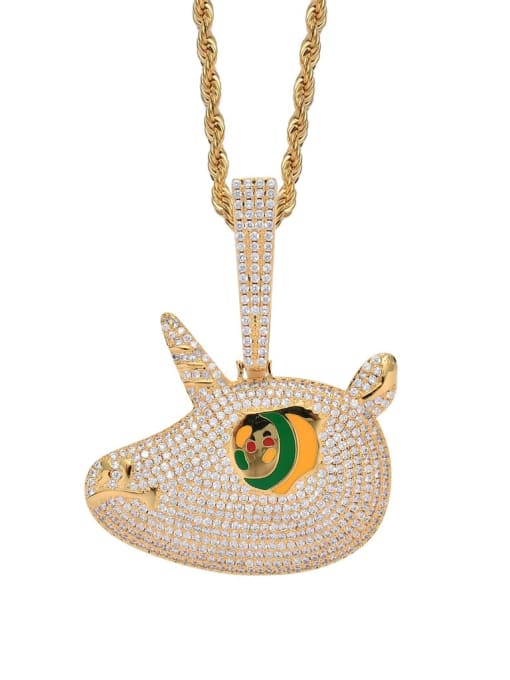 gold Brass Cubic Zirconia Unicorn with big eyes Hip Hop Necklace
