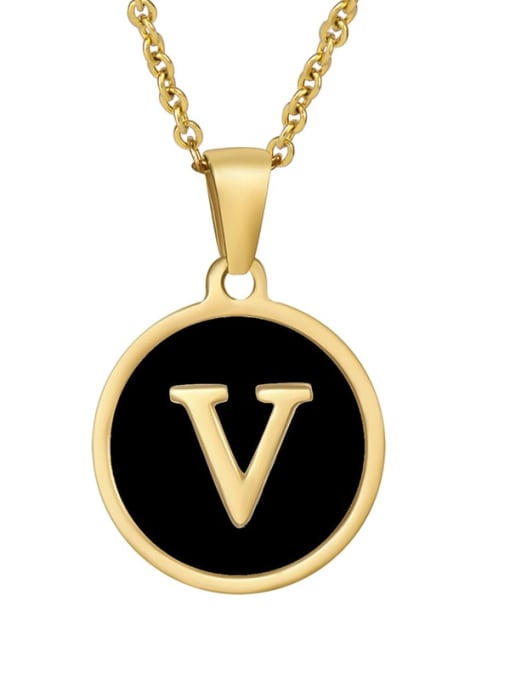 Golden V Titanium Steel Enamel Letter Minimalist  Round Pendant Necklace