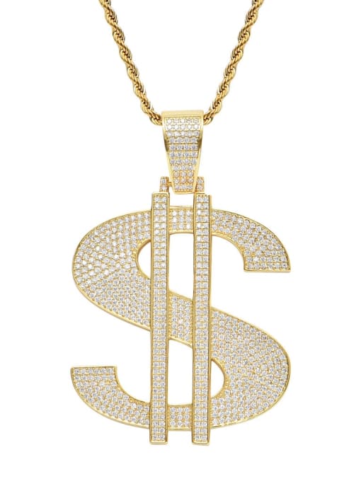 Golden+ stainless steel twist chain Brass Cubic Zirconia large dollar Hip Hop Necklace