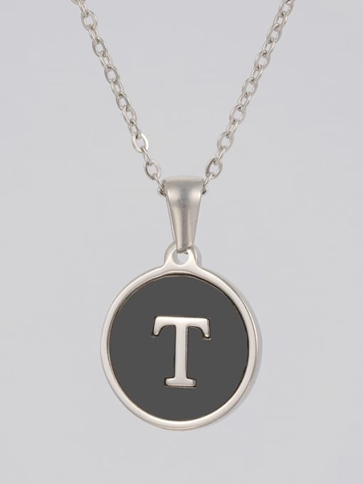 Steel Black T Stainless steel Acrylic Letter Minimalist Round Pendant Necklace