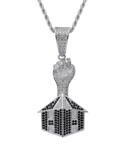 Silver +Chain Brass Cubic Zirconia Fist House Hip Hop Necklace