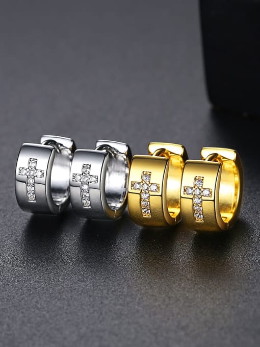 Teem Men Brass Cubic Zirconia Cross Minimalist Huggie Earring 2