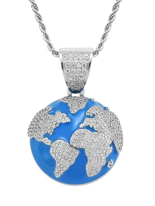 steel color+ stainless steel twist chain Brass Cubic Zirconia blue earth Hip Hop Necklace