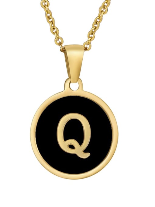 Golden Q Titanium Steel Enamel Letter Minimalist  Round Pendant Necklace