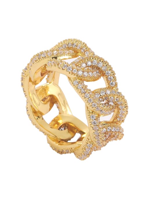 golden Brass Cubic Zirconia Geometric Chain Hip Hop Band Ring