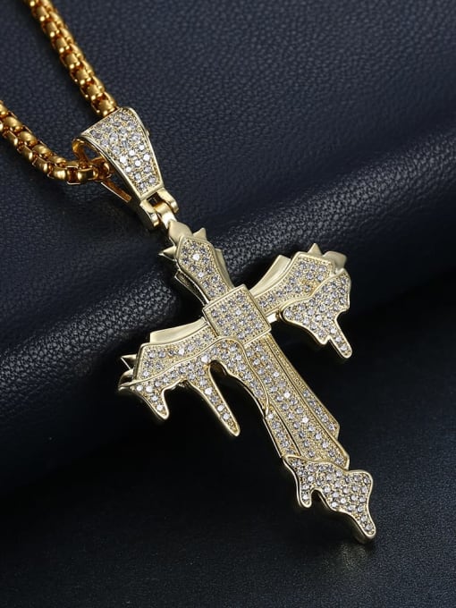 Gold with chain Copper Cubic Zirconia Cross Hip Hop Pendant Necklace