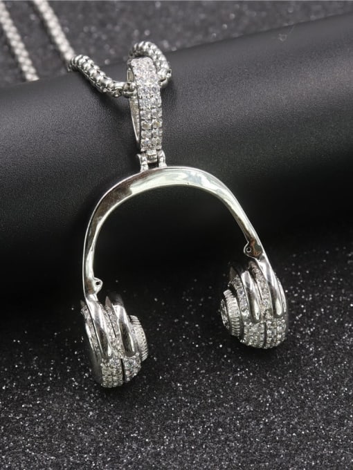 Silver with chain Copper Headset Cubic Zirconia Irregular Hip Hop  Pendant Necklace