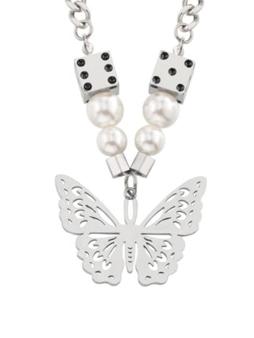 Steel color Titanium Steel Imitation Pearl Butterfly Hip Hop Necklace