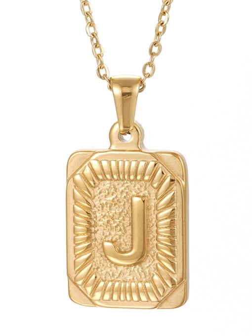 Golden J Stainless steel English Letter  Vintage Square Pendant Necklace