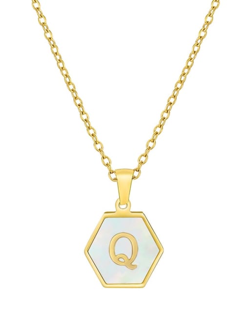 Q Stainless steel  English Letter Minimalist Shell Hexagon Pendant Necklace