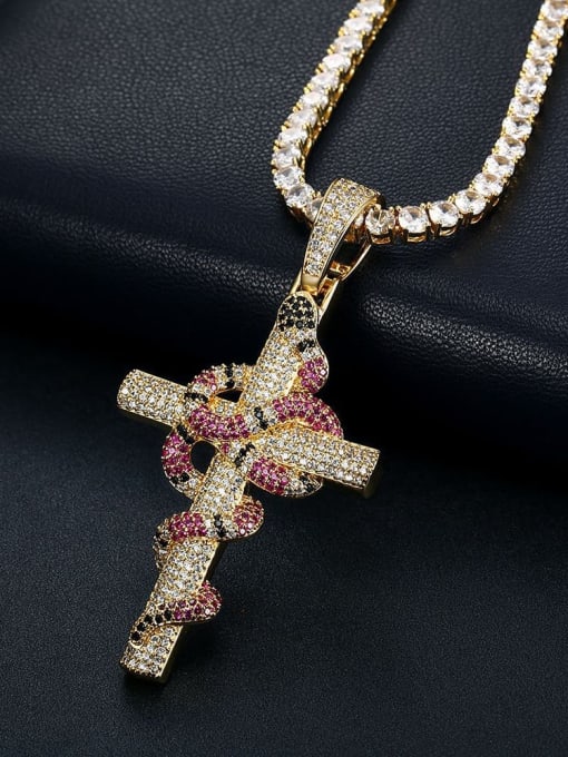 Gold +Chain：4mm*61cm Brass Cubic Zirconia Cross Vintage Regligious Necklace For Men