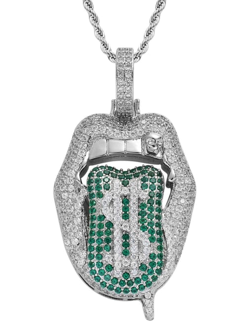 Green tongue+ chain Brass Cubic Zirconia Mouth Hip Hop Necklace