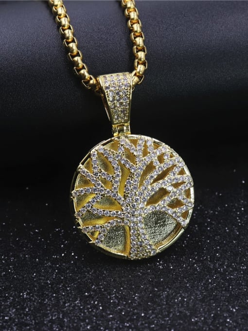 Gold with chain Copper Cubic Zirconia Tree Hip Hop Pendant  Necklace