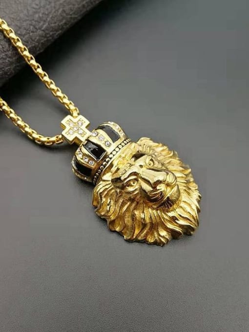 HI HOP Titanium Rhinestone Lion Crown Hip Hop Necklace For Men 1
