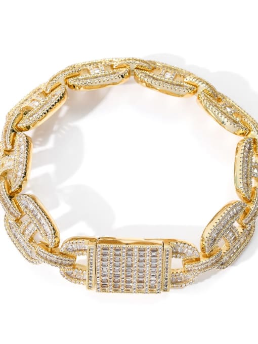 Gold 7inch Brass Cubic Zirconia Geometric Hip Hop Link Bracelet