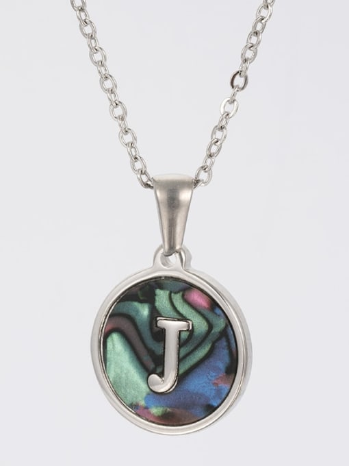 Steel color shell J Stainless steel Shell Letter Minimalist  Round Pendant Necklace